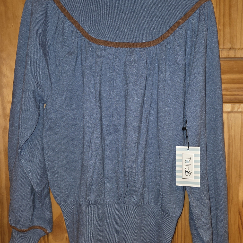 Tulle Blue Off-the-Shoulder Sweater with Brown Trim